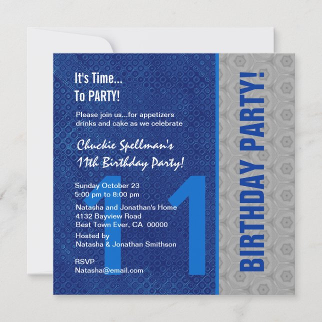 Invitation 11e anniversaire Moderne Bleu et Argent S307B (Devant)