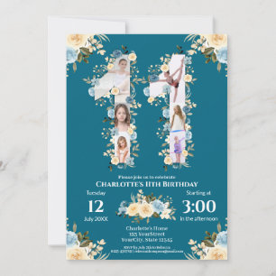 Invitation 11e anniversaire Photo Collage Fleur Jaune Turquoi