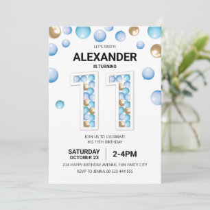 Invitation 11e fête d'anniversaire, Bleu et Ballons d'or