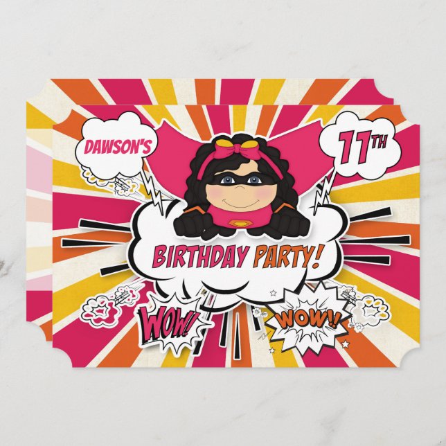 Invitation 11e fête d'anniversaire filles Superhero Pink Comi (Devant / Derrière)