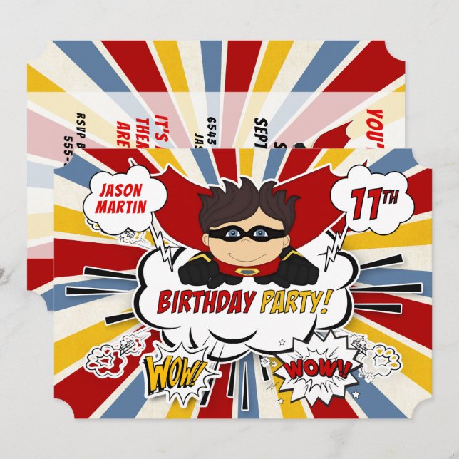 Invitation 11e fête d'anniversaire garçons Superhero Red Comi (Devant / Derrière)