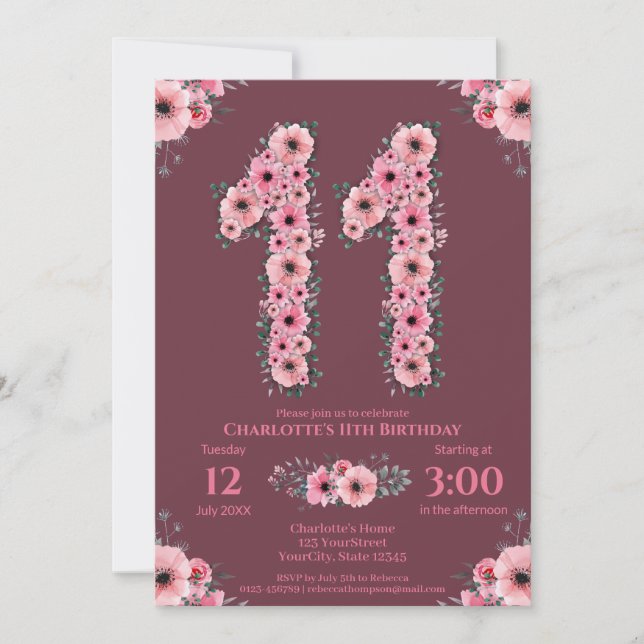 Invitation 11e grand anniversaire fille Fleurs roses Fleurs v (Devant)