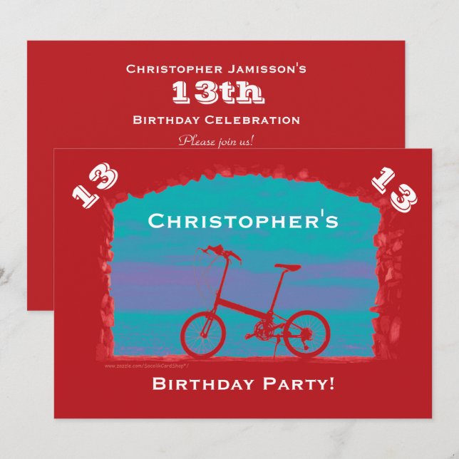 Invitation 12e, 13e, 14e fête d'anniversaire, Bicycle rouge (Devant / Derrière)