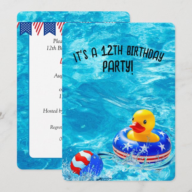 Invitation 12e anniversaire de la fête de la piscine avec can (Devant / Derrière)