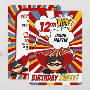 Invitation 12e anniversaire de la fête Superhero Red Comic po