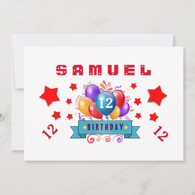 Invitation 12e anniversaire Festive Ballons et étoiles B112 (Devant)