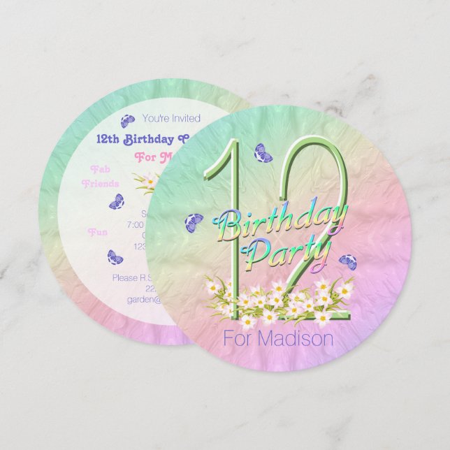 Invitation 12e anniversaire fête papillon arc-en-ciel Invitat (Devant / Derrière)