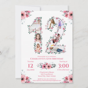 Invitation 12e anniversaire fille photo Collage rose Fleur bl