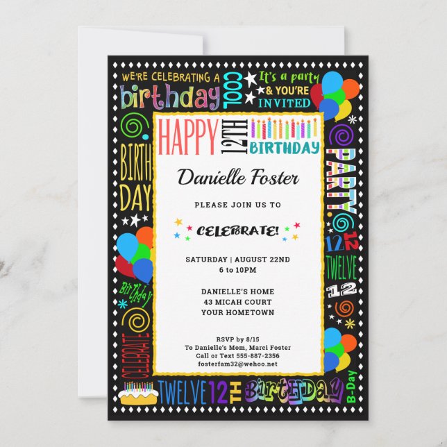 Invitation 12e anniversaire Fun Couleur Crazy Texte sur Black (Devant)