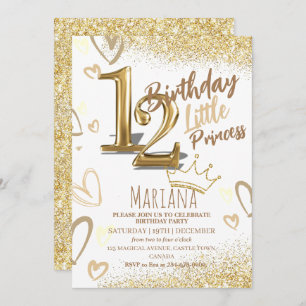 Invitation 12e anniversaire Heard Gold Glitter Glamour Party