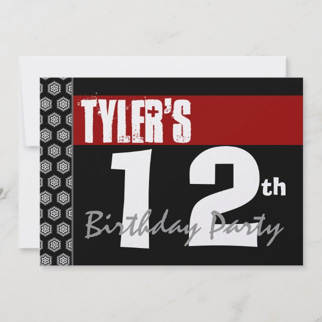 Invitation 12e anniversaire moderne pour lui Rouge Blanc Noir (Devant)