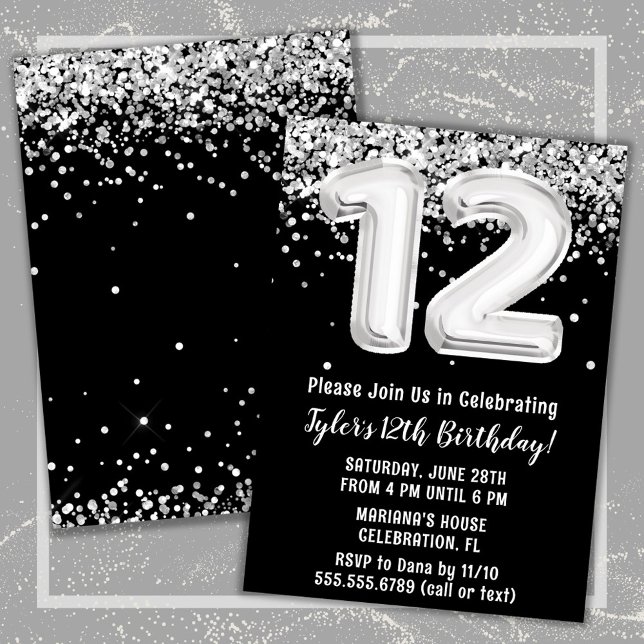 Invitation 12e anniversaire noir et blanc (Créateur téléchargé)