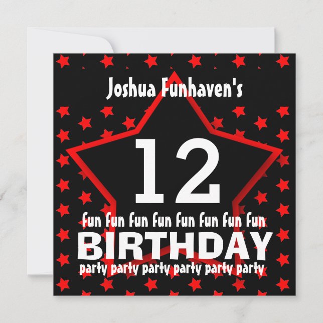 Invitation 12e anniversaire ou toute année Black Red STAR V12 (Devant)