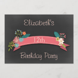 Invitation 12e anniversaire Pink Banner Flowers Chalkboard