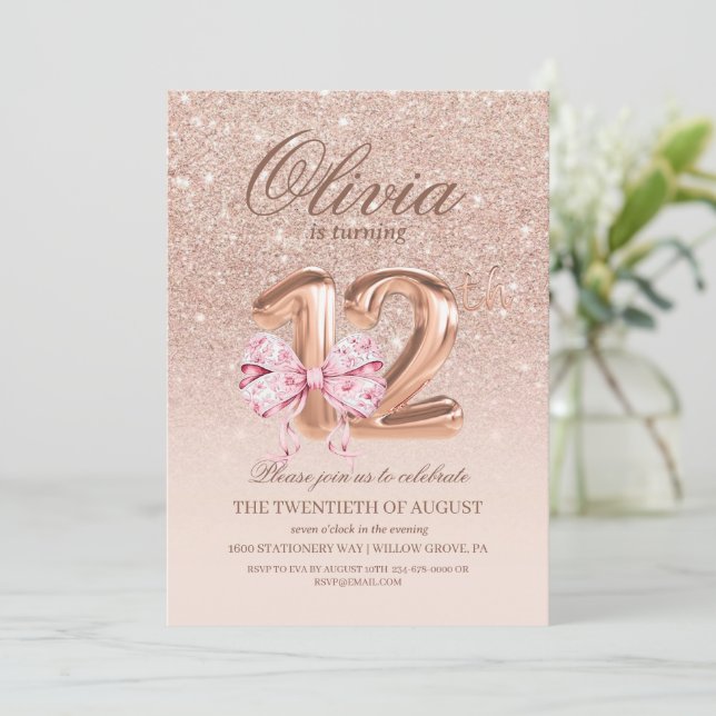 Invitation 12e anniversaire Rose rose or Bow fête d'anniversa (Debout devant)