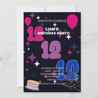 Invitation 12e anniversaire vibrant | Confettis roses bleus