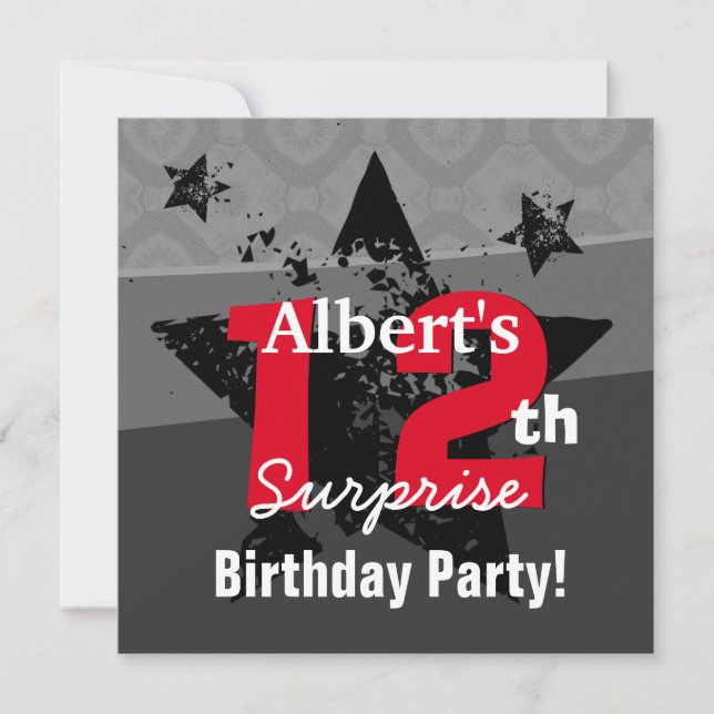 Invitation 12e TWEEN Surprise Birthday Charcoal Grunge C12 (Devant)
