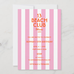 Invitation 13 Beach Club Cabana Rayures 13e Fête d'anniversai