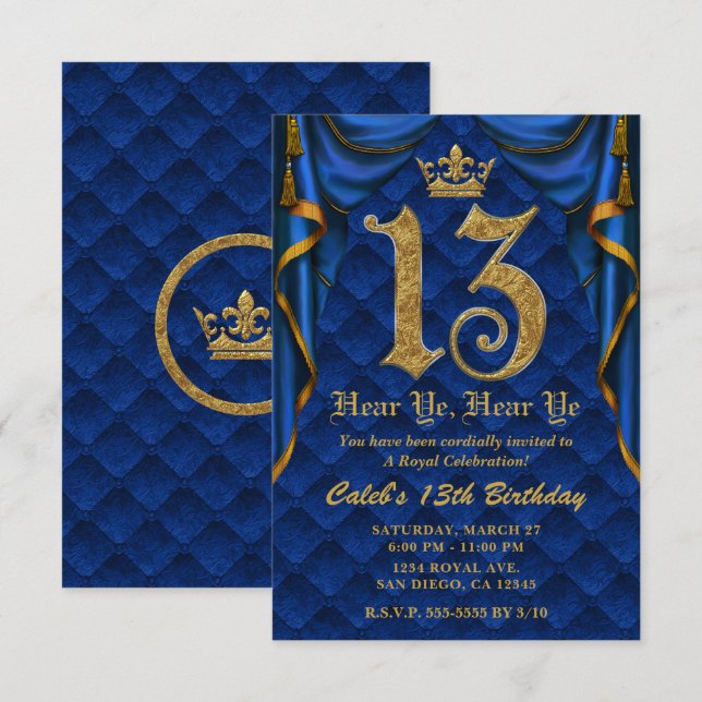 Invitation 13E 13 Anniversaire Royal Blue Gold Crown (Devant / Derrière)