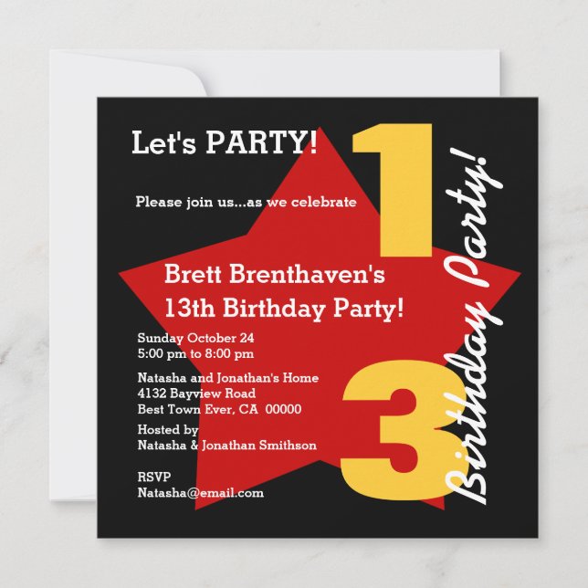 Invitation 13e Ado Anniversaire moderne Black Red Gold Star B (Devant)