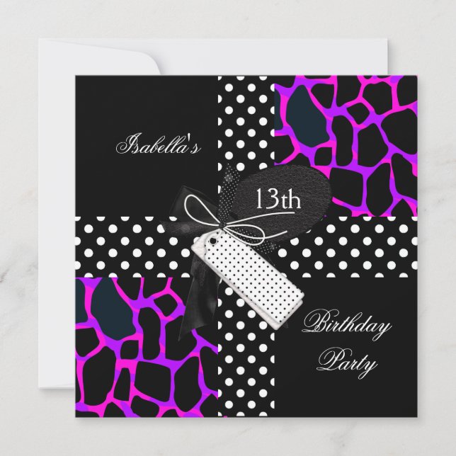 Invitation 13e Anniversaire Animal Polka Dot Purple Black Bla (Devant)