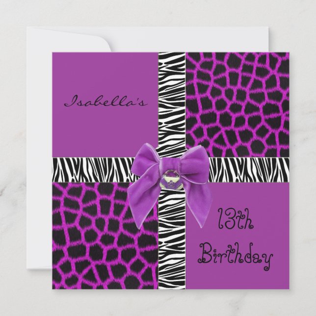 Invitation 13e anniversaire animal sauvage violet (Devant)
