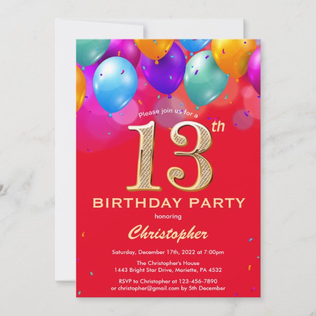 Invitation 13e anniversaire Ballons rouges et dorés (Devant)