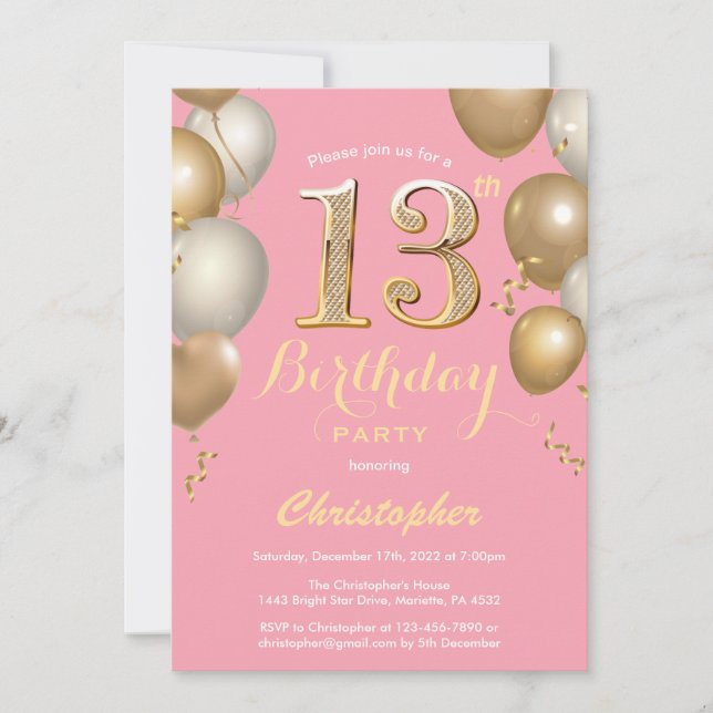 Invitation 13e anniversaire Balloons rose et or Confetti (Devant)