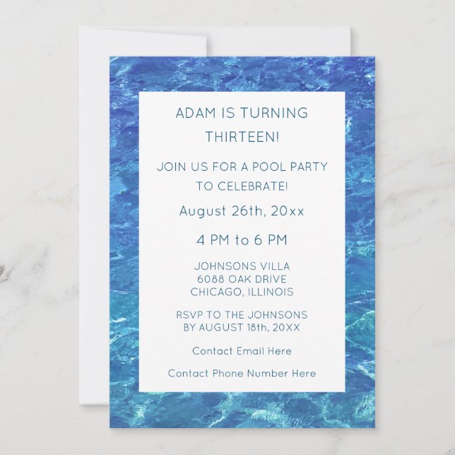 Invitation 13e anniversaire Blue Pool Party Motifs d'eau Cool (Devant)