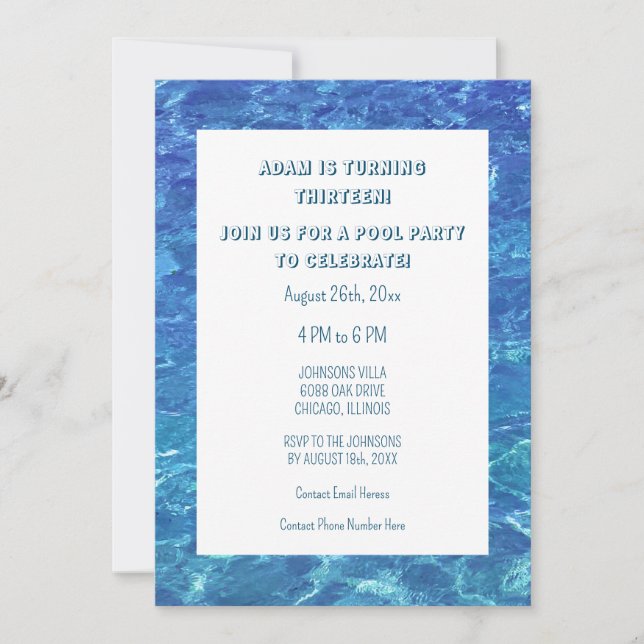 Invitation 13e anniversaire Blue Pool Party Water Custom Age (Devant)