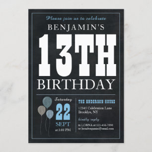 Invitation 13e anniversaire Chalkboard bleu Balloon rustique 
