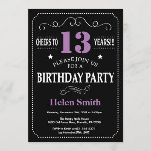 Invitation 13e anniversaire Chalkboard violet et noir