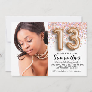 Invitation 13e anniversaire Confetti Rose Portrait Or