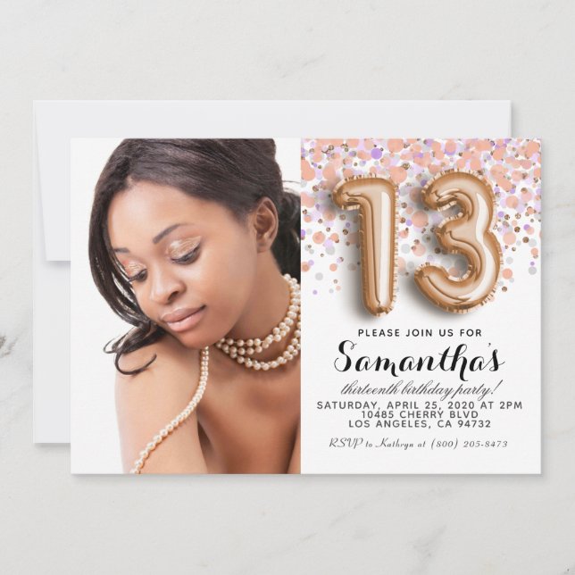 Invitation 13e anniversaire Confetti Rose Portrait Or (Devant)