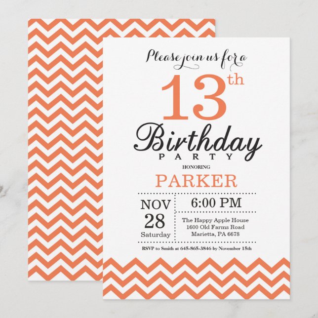 Invitation 13e anniversaire Coral Chevron (Devant / Derrière)