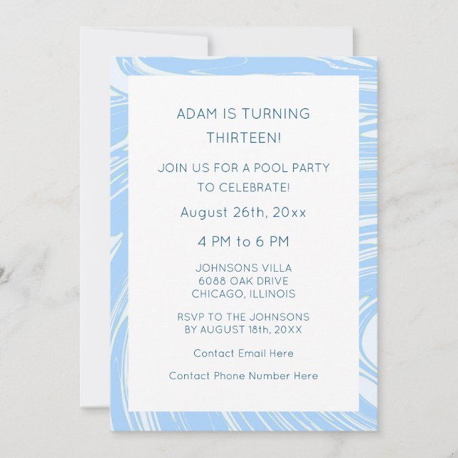 Invitation 13e anniversaire Custom Age Vagues bleues Abstrait (Devant)