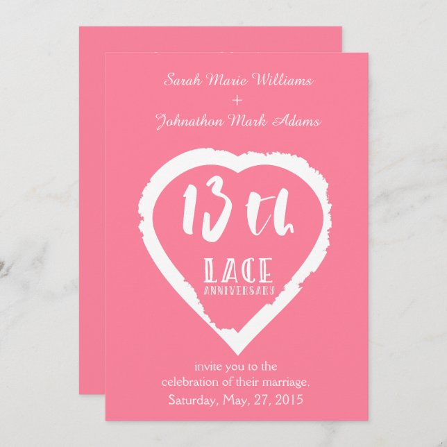 Invitation 13e anniversaire de mariage dentelle traditionnell (Devant / Derrière)