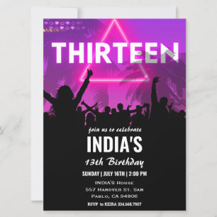 Invitation 13e anniversaire fête Pink Neon