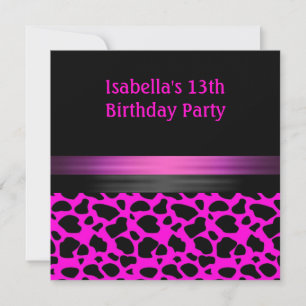Invitation 13e anniversaire Fuschia Motif animal rose noir
