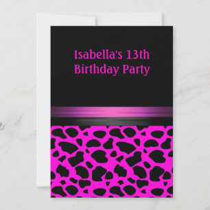Invitation 13e anniversaire Fuschia Motif animal rose noir