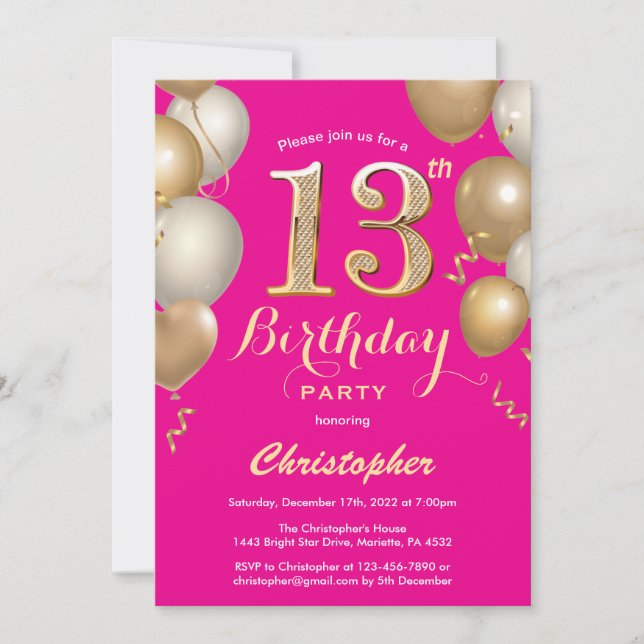 Invitation 13e anniversaire Hot Pink et Gold Balloons Confett (Devant)