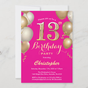 Invitation 13e anniversaire Hot Pink et Gold Balloons Confett