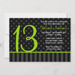 Invitation 13e Anniversaire Lime Vert Polka Noir rayures