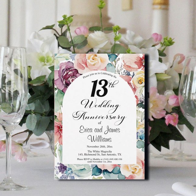 Invitation 13e anniversaire Mariage Élégant script floral (Créateur téléchargé)