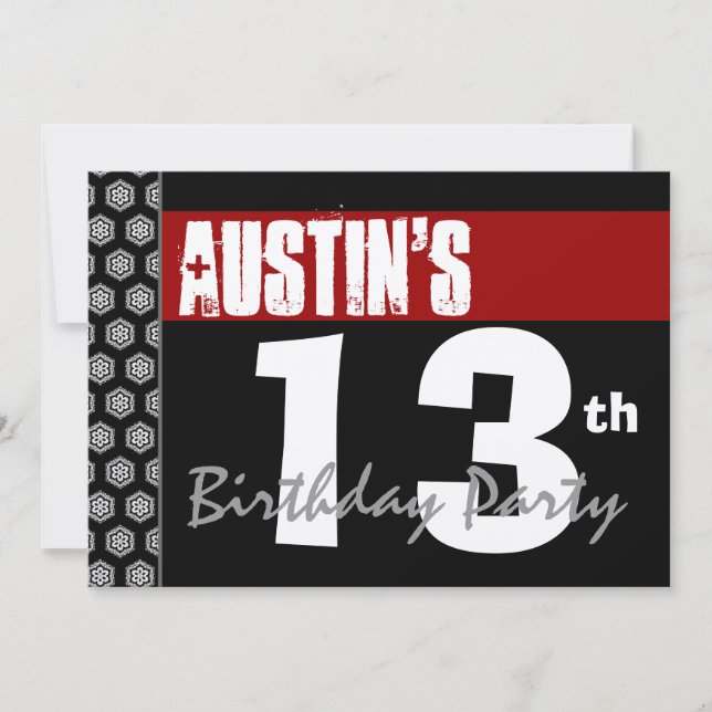 Invitation 13e anniversaire Moderne pour lui Rouge Blanc Noir (Devant)