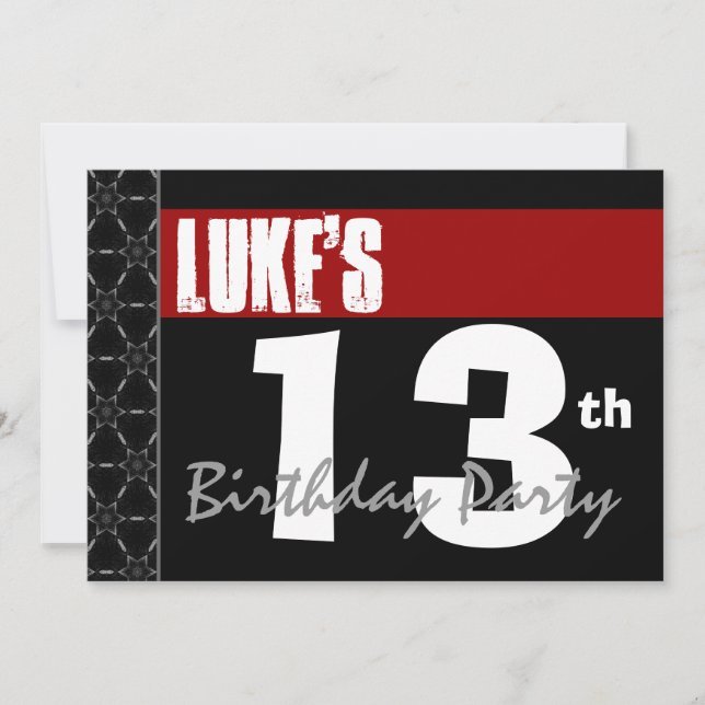 Invitation 13e anniversaire moderne pour lui rouge blanc noir (Devant)