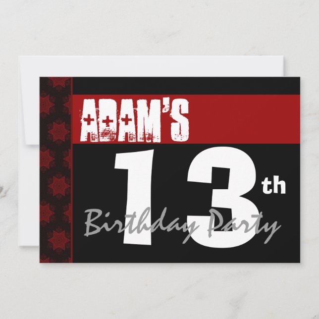 Invitation 13e anniversaire moderne pour lui rouge blanc noir (Devant)
