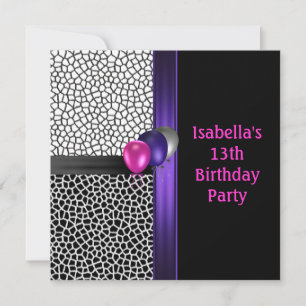 Invitation 13e anniversaire noir blanc rose pourpre