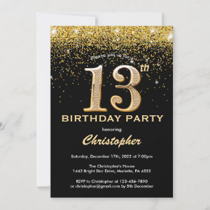 Invitation 13e anniversaire Noir et Parties scintillant d'or 