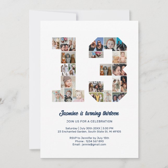 Invitation 13e anniversaire Numéro 13 photo personnalisée Col (Devant)